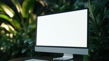 Pc monitor mockup in lush tropical bushes. Eco friendly computer equipment for home and business template advertising image. Modern device screen mock up product photorealistic photo