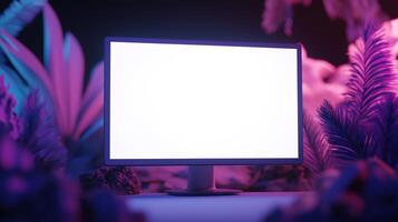Glowing monitor mockup with neon floral decor. Abstract composition with pc display template advertising image. Exploring world with screen mock up among plants product photorealistic photo