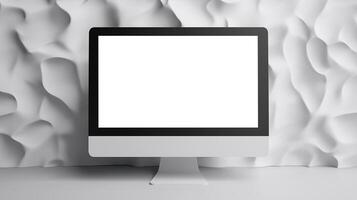 Monitor mockup near textured white wall. Minimalist office interior with pc display template advertising image. Powerful computer screen mock up on desk product photorealistic photo