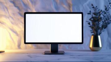 Monitor mockup with branches bouquet in dimmed light. Home office with pc in cute niche template advertising image. Computer display mock up composition product photorealistic photo