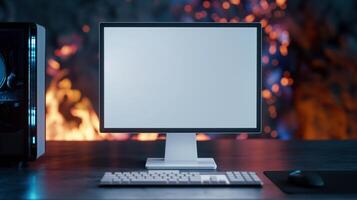 Pc display mockup against burning flame background. Modern gaming computer equipment template advertising image. Workstation monitor on desk mock up product photorealistic photo