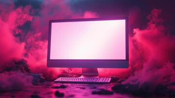 Mysterious fog clouds and pc monitor mockup. Gaming computer lcd display abstract backdrop template advertising image. Modern electronic screen mock up product photorealistic photo