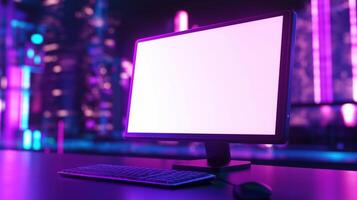 Computer display mockup on futuristic neon backdrop. Videogames playing with modern pc template advertising image. Gaming device mock up in night urban setting product photorealistic photo