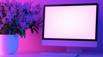 Fresh flowers bouquet near glowing monitor mockup. Productive atmosphere in workplace with neon light template advertising image. Device mock up on desk product photorealistic photo