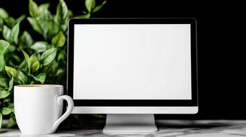 Small monitor mockup with green branches and coffee cups. Home office coziness maintenance template advertising image. Tablet computer screen mock up product photorealistic photo