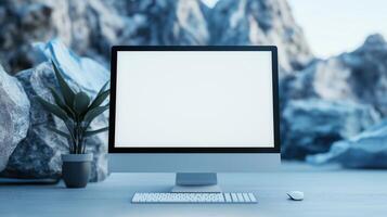 Modern monitor mockup with pot plant on rocky mountains background. Inspiring workplace setting with pc template advertising image. Computer screen mock up product photorealistic photo