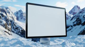Computer lcd monitor mockup on snowcapped mountains. Exploring wild nature with technologies template advertising image. Pc display mock up in winter hills product photorealistic photo