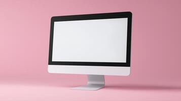Modern computer display mockup on pink background. Female web developer workplace design template advertising image. Pc screen mock up in minimal office product photorealistic photo