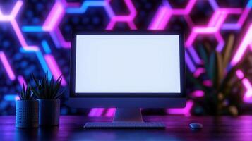 Futuristic workplace with powerful pc monitor mockup. Corporate office with computer display template advertising image. Neon decor and screen mock up product photorealistic photo