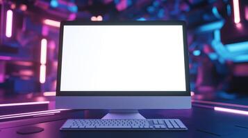 Modern computer monitor mockup on futuristic backdrop. Gaming pc display in virtual reality template advertising image. Digital screen mock up on desk product photorealistic photo