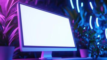 Mockup lcd pc display in neon decorated office. Contemporary equipment for work online template advertising image. Digital device mock up in futuristic interior product photorealistic photo