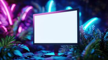 Computer monitor mockup with exotic plants and neon lights. Fantastic scene with pc display template advertising image. Composition with device mock up screen product photorealistic photo