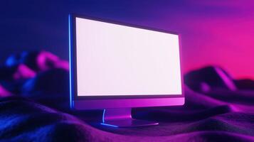 Monitor mockup on abstract neon desert area. Surreal workspace with glowing pc display template advertising image. Futuristic scene with device mock up screen product photorealistic photo