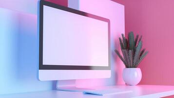 Computer monitor mockup and houseplant at pink light. Simple home office design with pc template advertising image. Modern electronics screen mock up product photorealistic photo