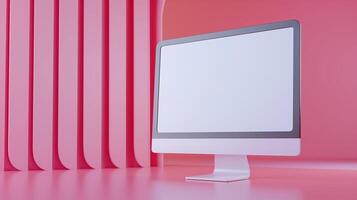 Glowing computer monitor mockup on pink backdrop. Digital equipment with blank lcd screen template advertising image. Pc display mock up in trendy office product photorealistic photo