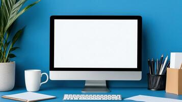 Computer with mockup display in office. Arranged workplace improving productivity with pc template advertising image. Work from home with digital device mock up product photorealistic photo