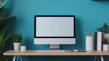 Office desk in monitor mockup near blue wall. Modern computer equipment in corporate environment template advertising image. Device screen mock up on table product photorealistic photo