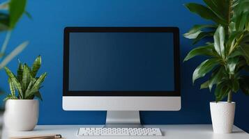 Computer monitor mockup and pot plant on desk. Cozy workplace with pc display template advertising image. Arranged workplace in office with screen mock up product photorealistic photo