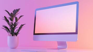 Powerful computer monitor mockup and houseplant on pink background. Colorful workplace computer equipment template advertising image. Display mock up product photorealistic photo