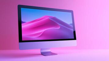 Sand desert landscape computer screensaver image. Powerful pc with lcd monitor on pink background photography scene wallpaper. Digital technology concept photorealistic photo