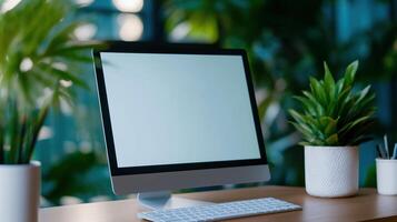 Computer monitor mockup and potted plants on wooden desk. Comfortable workplace with pc display template advertising image. Office equipment screen mock up product photorealistic photo