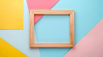 Wooden frame mockup on colorful pastel background with bold geometric shapes. Playful photoframe template advertising image. Modern cheerful aesthetic pictureframe mock up photorealistic photo