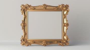 Elegant gold frame mockup with intricate scrollwork and opulent detailing. Sophisticated photoframe template advertising image. Classic pictureframe mock up product photorealistic photo