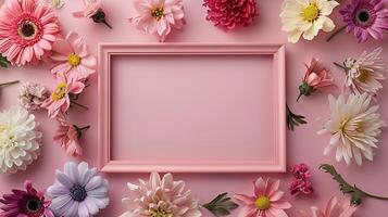 Soft pink rectangular frame mockup with harmonious serene flowers. Floral composition photoframe template advertising image. Botanical pictureframe mock up product photorealistic photo