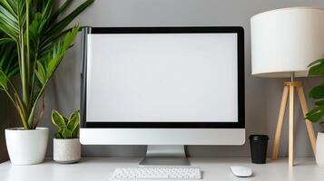 Computer monitor mockup in arranged workplace. Cozy office setting with pc display and lamp template advertising image. Internet technology screen mock up product photorealistic photo