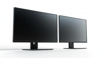 Pair of modern lcd computer monitors mockups in store. Pc displays demonstration template advertising image. Professional digital equipment screens mock up product photorealistic photo