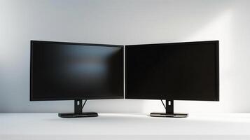 Computer monitors mockups in white studio. Modern electronics store goods with lcd displays template advertising image. Office and home devices screens mock up product photorealistic photo