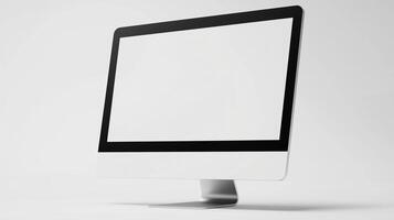Lcd display mockup in empty white space. Modern computer for work and relax in office template advertising image. Electronics digital screen mock up on desk product photorealistic photo