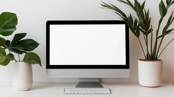Glowing computer monitor mockup with houseplants on desk. Workplace creating productive atmosphere template advertising image. Pc display mock up on desk product photorealistic photo
