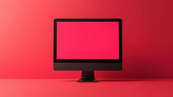 Mockup computer display in red lit studio. Contemporary electronics item monitor template advertising image. Digital equipment device with screen mock up product photorealistic photo