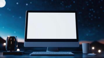 Working late at night on pc with monitor mockup. Modern computer workplace against starry sky template advertising image. Home office display mock up product photorealistic photo