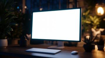 Glowing monitor mockup of computer in evening home office. Working in cozy setting with pc template advertising image. Electronics screen mock up on desk product photorealistic photo