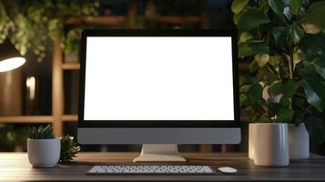 Glowing computer display mockup and houseplants in office. Workplace organization with pc monitor template advertising image. Digital device screen mock up product photorealistic photo
