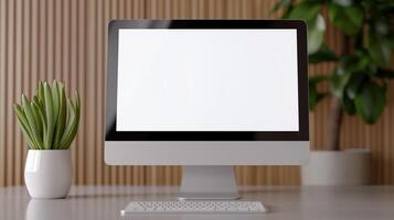Succulent plant near computer monitor mockup desk. Office electronics with display template advertising image. Workplace arrangement with pc screen mock up product photorealistic photo