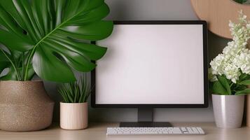 Mockup computer monitor with potted plants. Cozy atmosphere in workplace with display template advertising image. Pc screen mock up with floral decor product photorealistic photo