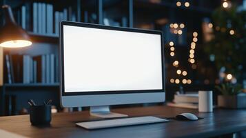 Comfortable place to work with computer monitor mockup. Working from home in evening with pc display template advertising image. Technology screen mock up product photorealistic photo