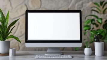 Growing houseplants neat computer display mockup. Workplace improving productivity with pc template advertising image. Electronics for business mock up product photorealistic photo