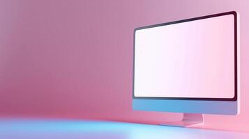 Minimalist interior with monitor mockup on pink background. Office computer display in empty room template advertising image. Feminine workspace device mock up product photorealistic photo