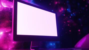 Computer mockup monitor in outer space. Dreamlike cosmic scene with working pc display template advertising image. Device with lcd screen mock up and starry sky product photorealistic photo