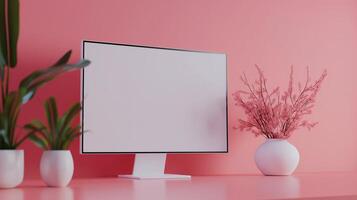 Pc monitor mockup and fresh plants near pink wall. Office interior with decorative elements and computer template advertising image. Workplace with device mock up product photorealistic photo