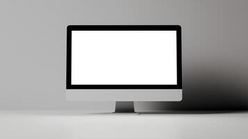 Mockup monitor of office pc on white table. Minimalist workspace design with display template advertising image. Digital equipment device screen mock up product photorealistic photo