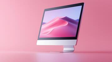 Computer monitor with desert dune screensaver in pink background image. Digital equipment for work and entertainment photography scene wallpaper. Pc display concept photorealistic photo
