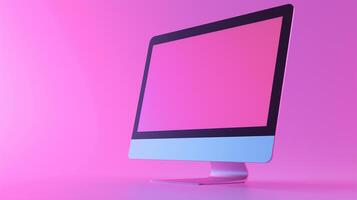 Modern pc with screen mockup on pink backdrop. Stylish office computer device with monitor template advertising image. Work and home equipment screen mock up product photorealistic photo