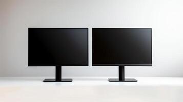 Mockup monitors showcasing on white background. Computer hardware devices with blank displays template advertising image. Digital screens mock up in studio product photorealistic photo