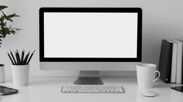 Cozy workplace with working computer screen mockup. Pc monitor with coffee cup and office supplies template advertising image. Display mock up on desk product photorealistic photo