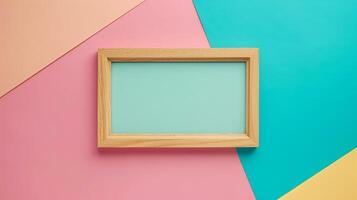 Wooden frame mockup against retro color block background. Playful photoframe template advertising image. Clean lines and soft tones pictureframe mock up product photorealistic photo